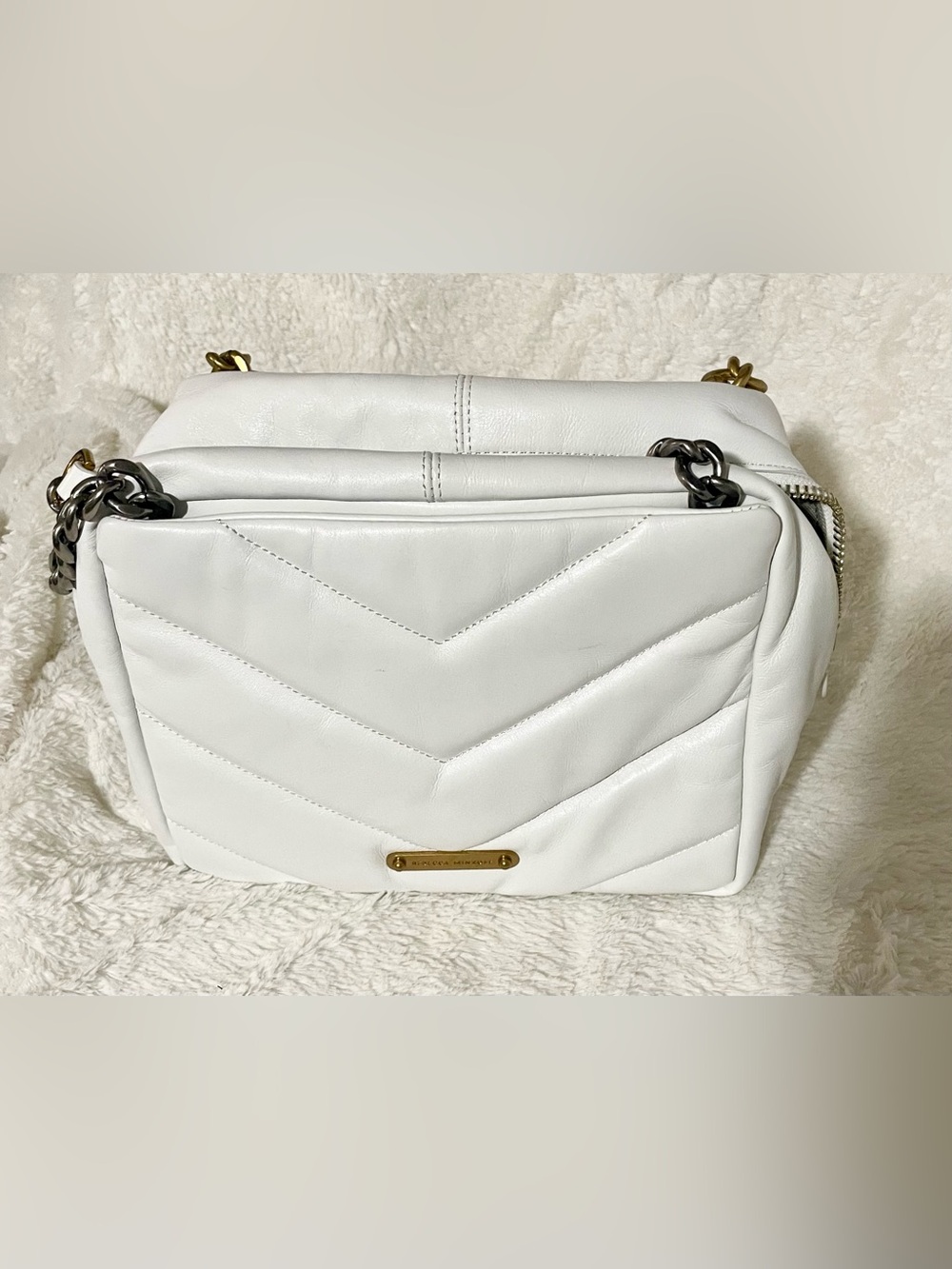 Rebecca Minkoff White Quilted Chevron Shoulder Bag with Mixed Metal Chain Strap